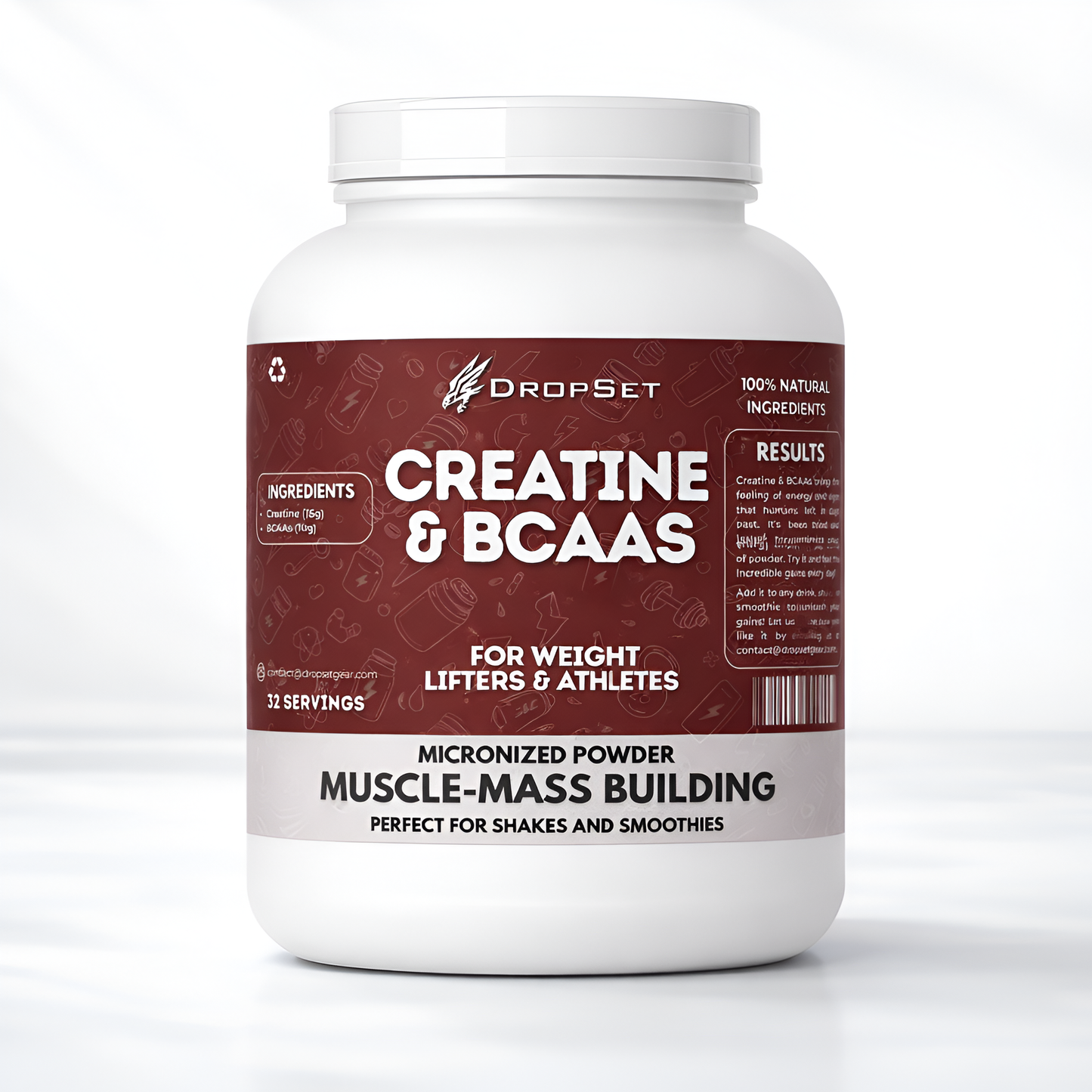 Supplement container labeled 'Creatine & BCAAs' by DropSet on a white background