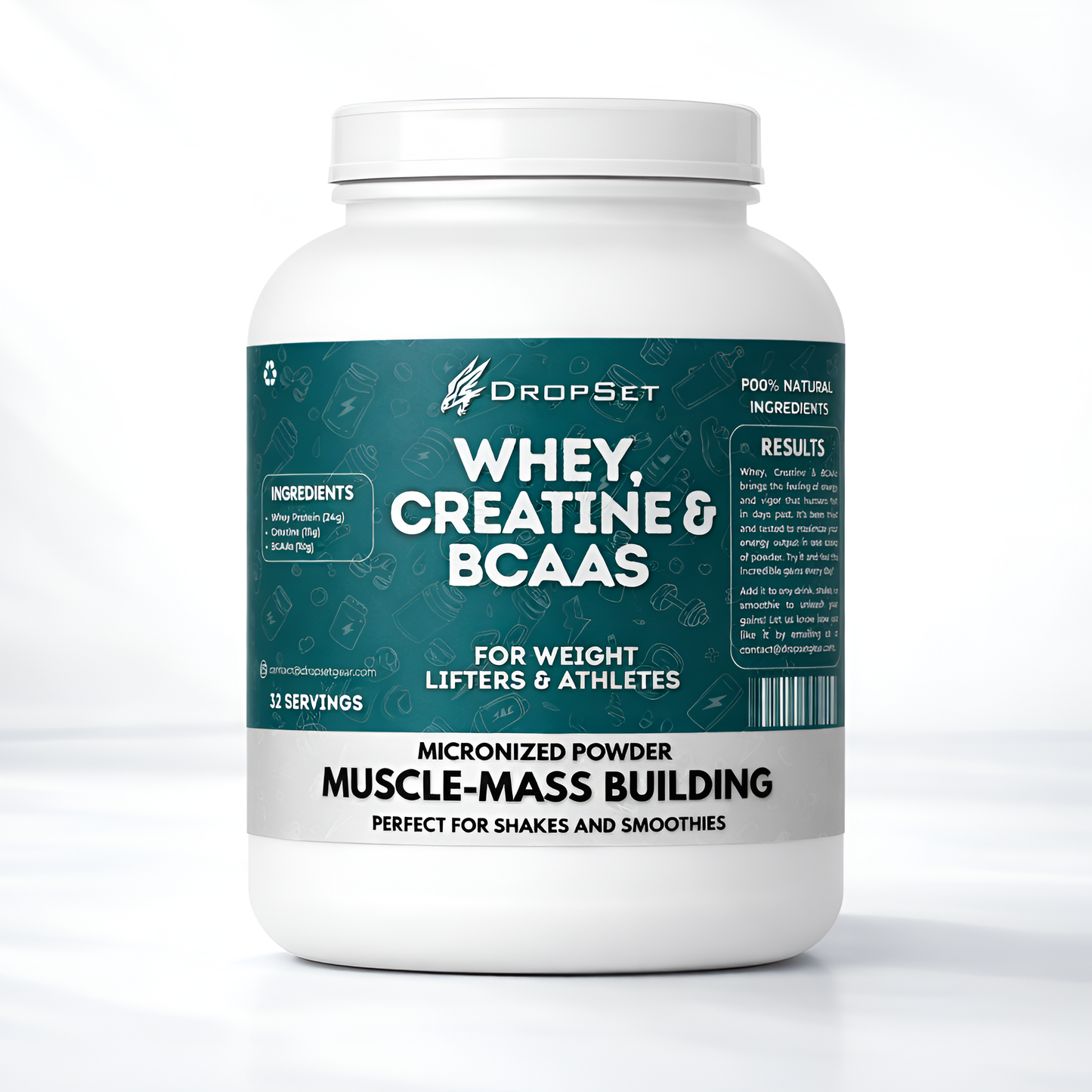 Supplement container labeled 'Whey, Creatine & BCAAs' by DropSet on a white background