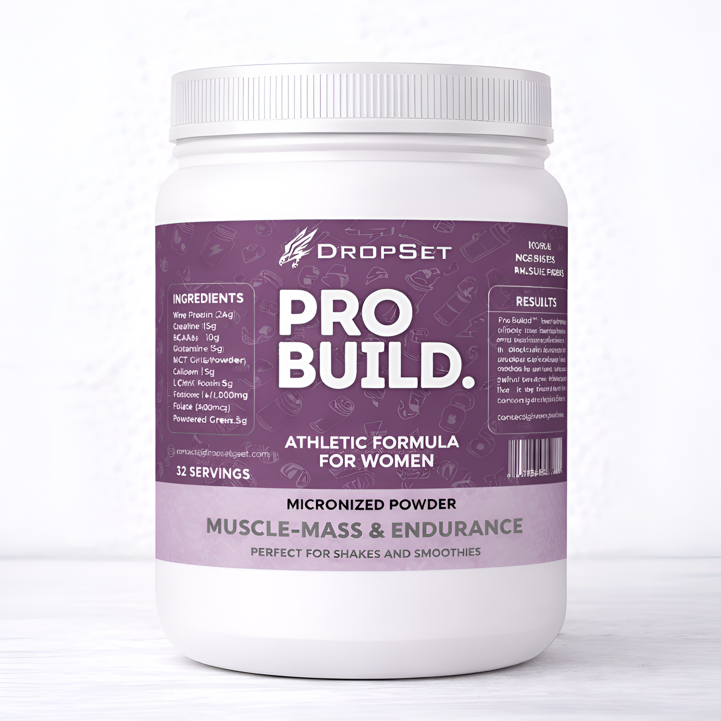 ProBuild athletic formula powder container with purple label on a white background