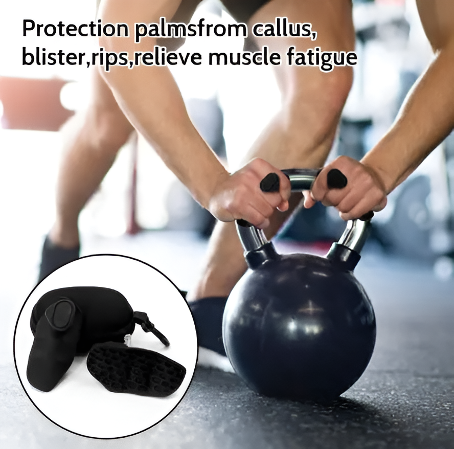 Person lifting a kettlebell with gloves for protection, inset showing gloves with cushioned palm.