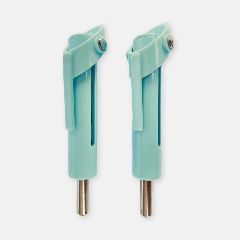 Two turquoise plastic tools with metal shafts on a white background