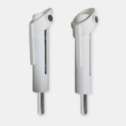 Two white metal brackets on a light gray background