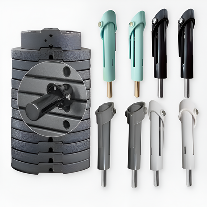 Set of tools including a gray modular tool head and various attachments on a white background.