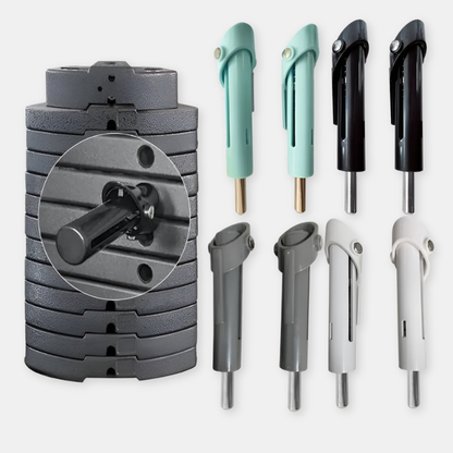 Set of tools including a gray modular tool holder and various attachments on a white background.