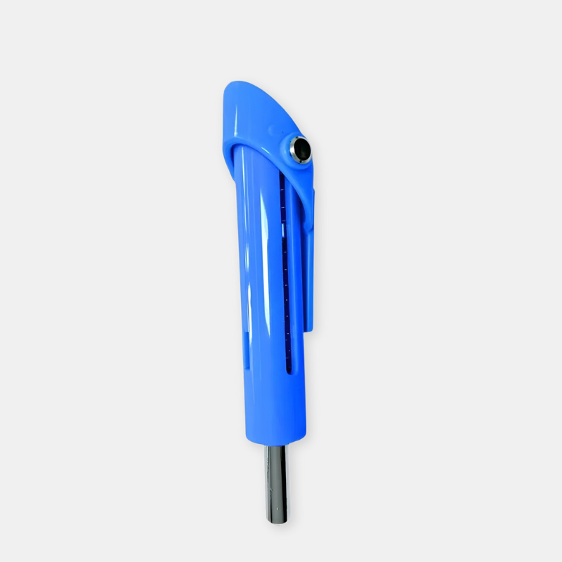 Blue tool with a metallic shaft on a light gray background