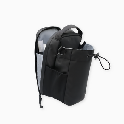 Black backpack with multiple pockets on a white background