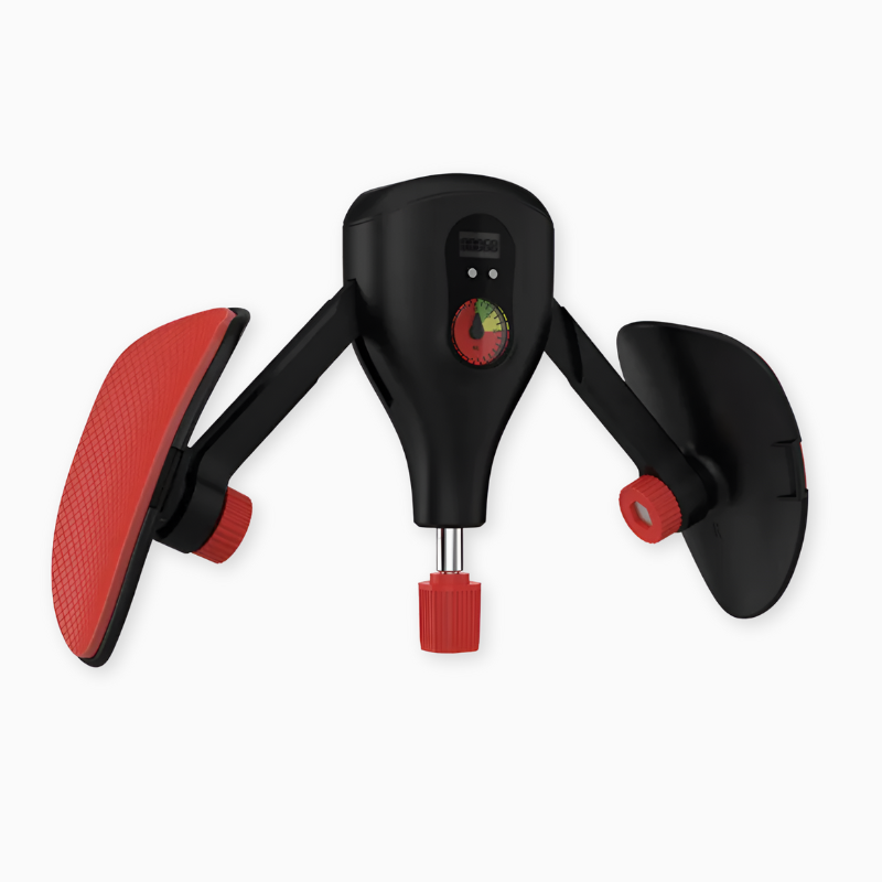 Black and red tool with a digital display on a white background
