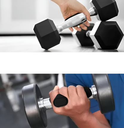 Dumbbells with durability rubber coating on handles, showing no slip and no sweaty hands.