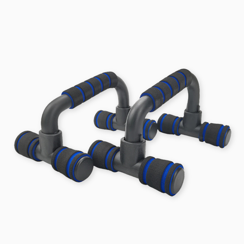 Set of push-up bars with black and blue handles on a white background