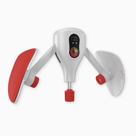 White and red device with digital display on a white background
