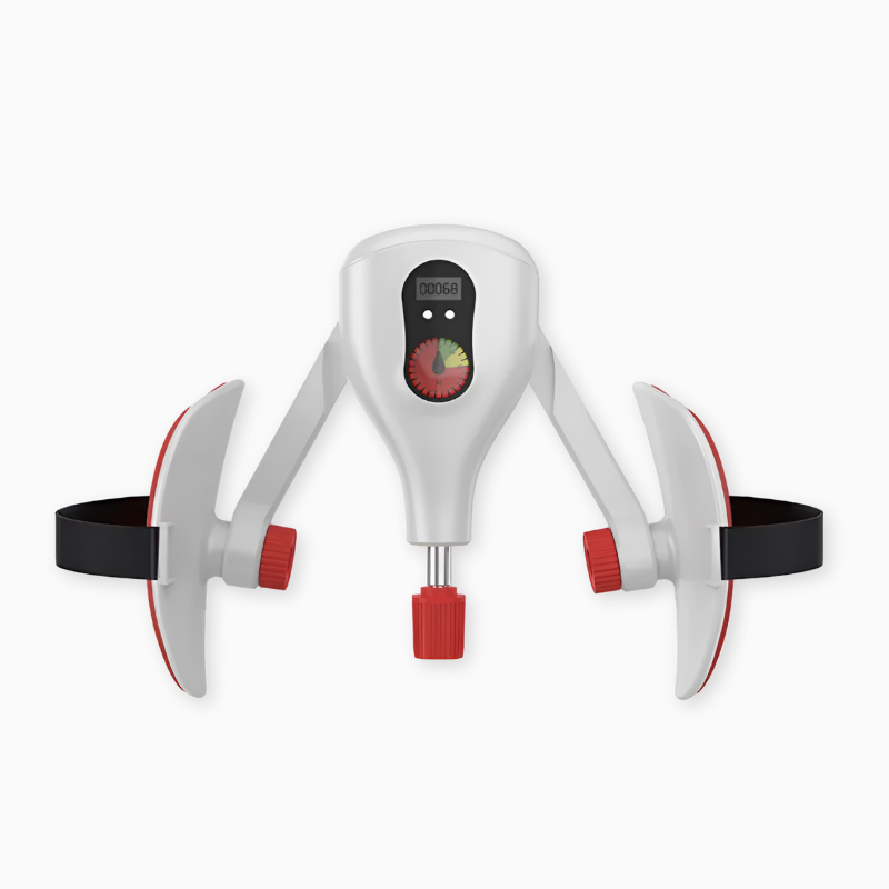 White and red device with a digital display on a white background