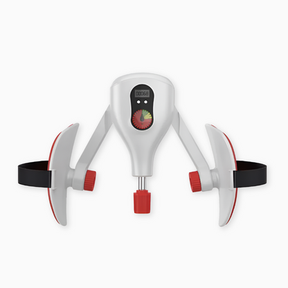 White and red device with a digital display on a white background