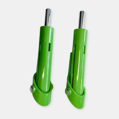 Pair of green motorcycle handlebars with chrome accents on a white background