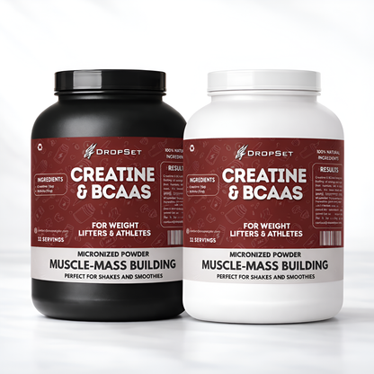 Two bottles of DropSet Creatine & BCAAs on a white background