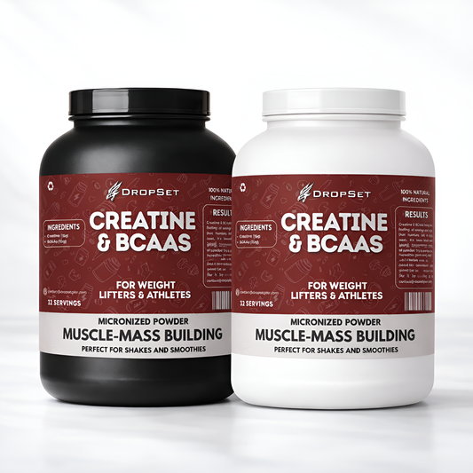 Two bottles of DropSet Creatine & BCAAs on a white background