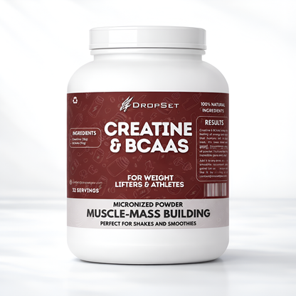 Supplement container labeled 'Creatine & BCAAs' by DropSet on a white background