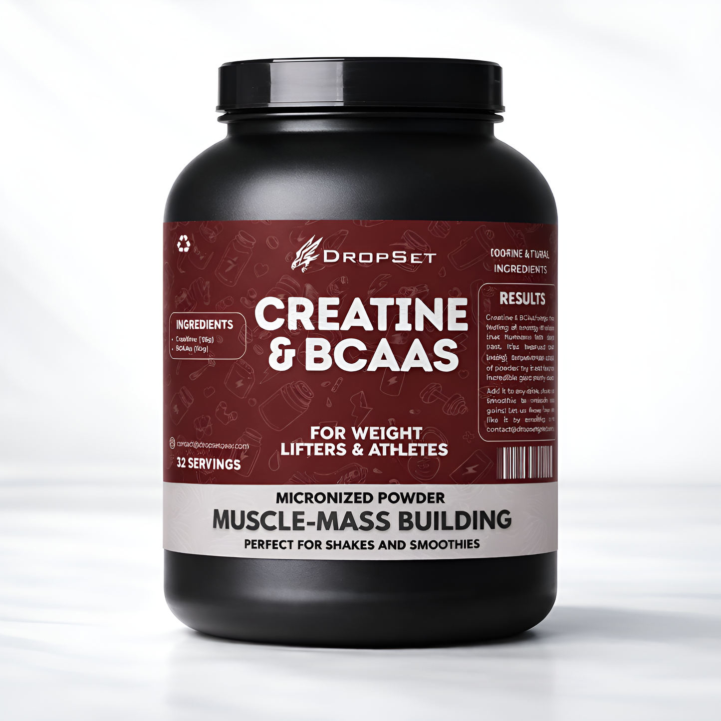 Black container of DropSet Creatine & BCAAs on a white background
