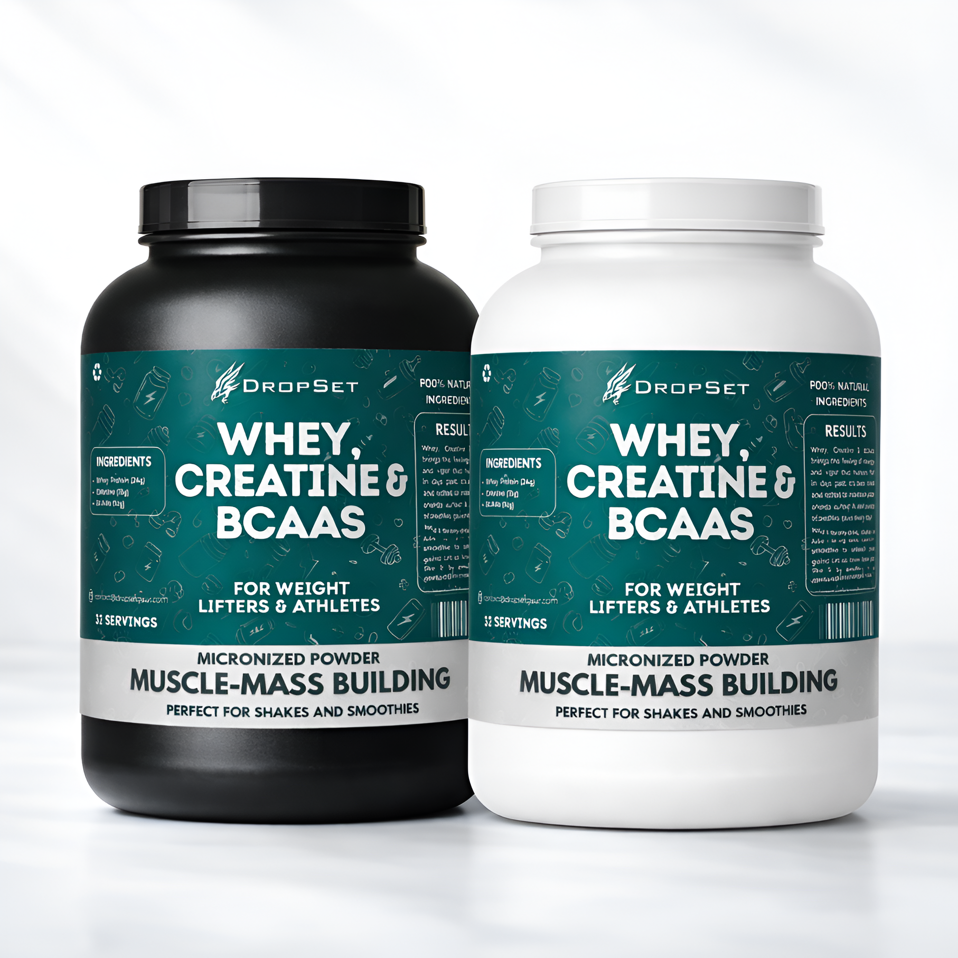 Two bottles of DropSet Whey, Creatine & BCAAs supplement on a white background
