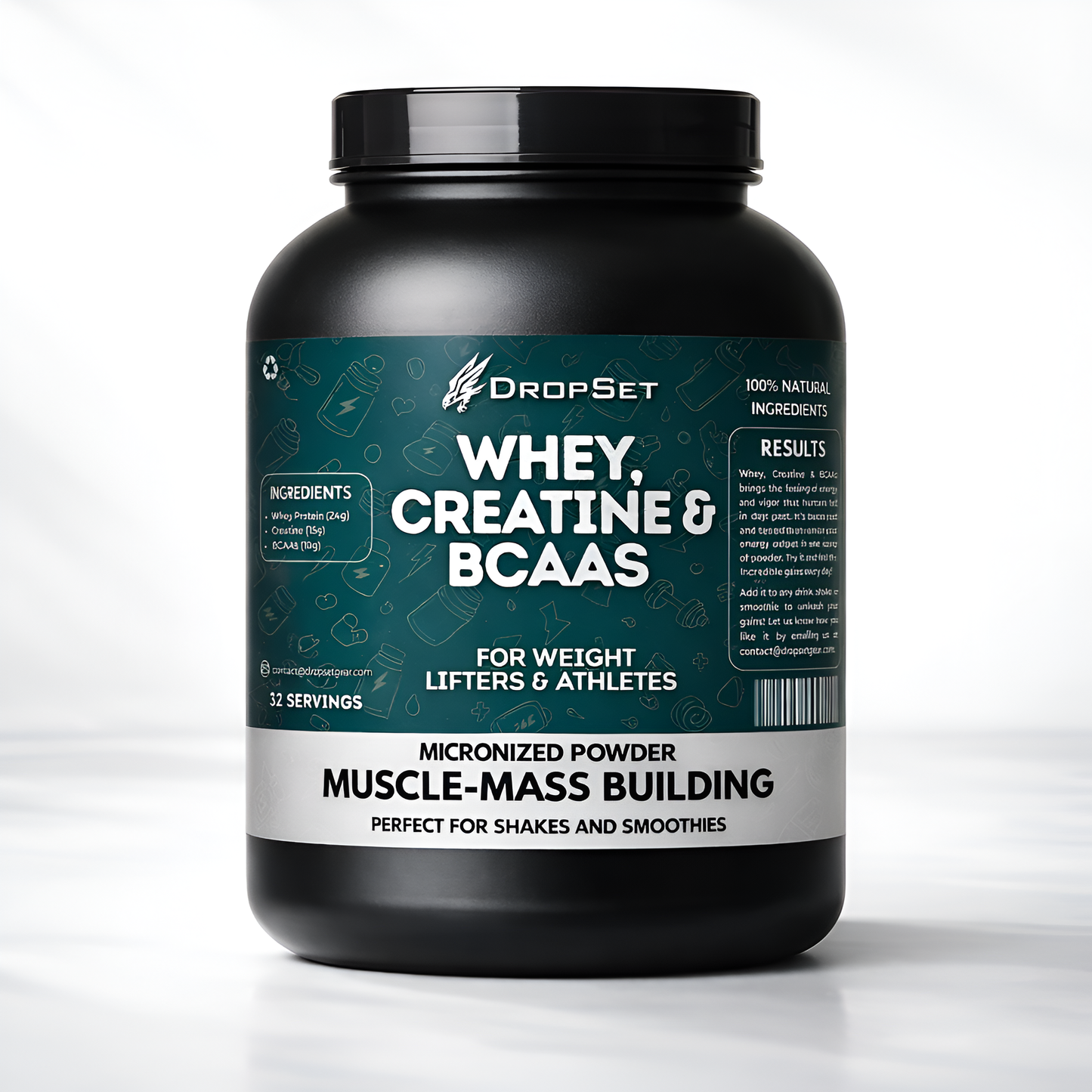 Black supplement container with 'DropSet' label on a white background