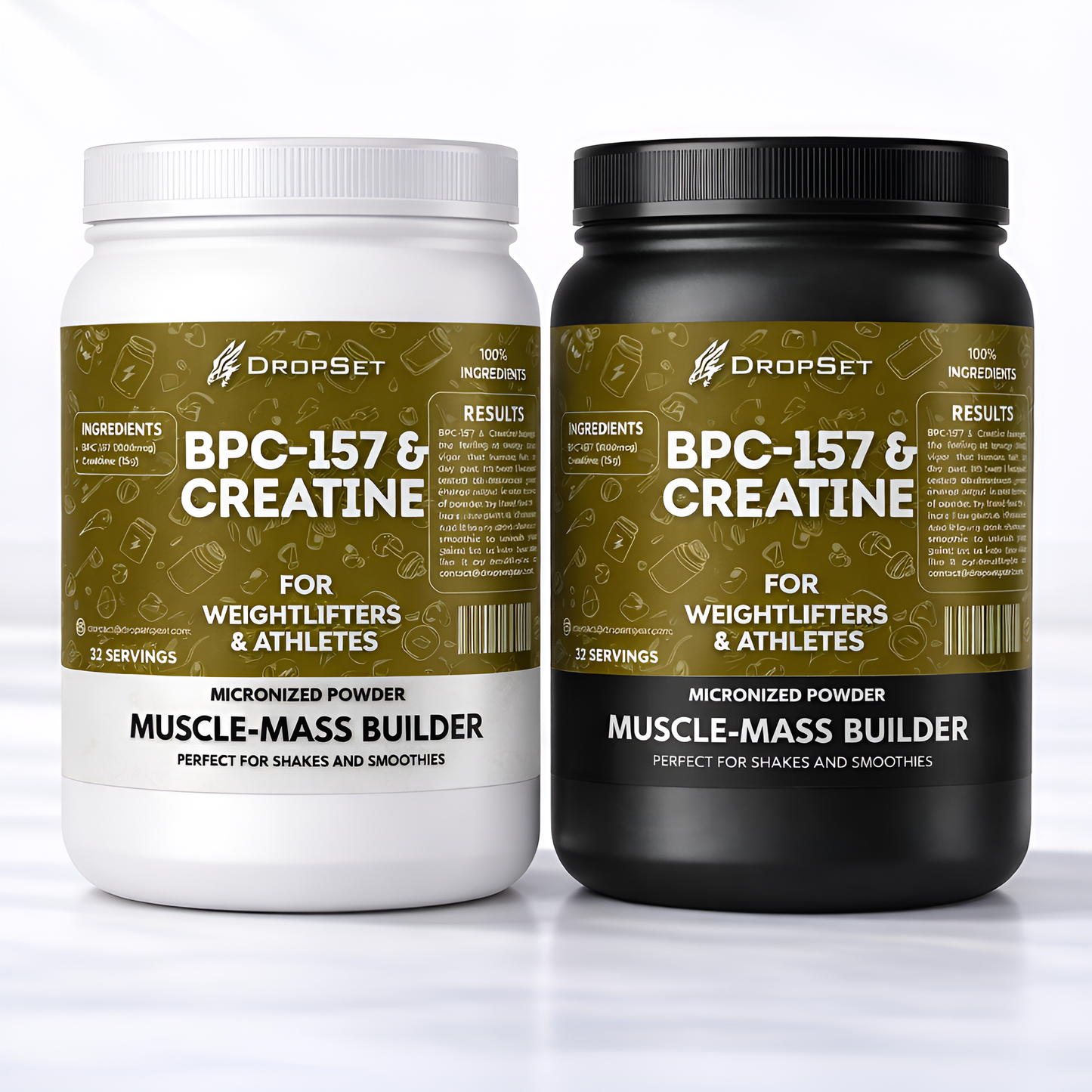 Two containers of DropSet BPC-157 & Creatine supplement on a white background
