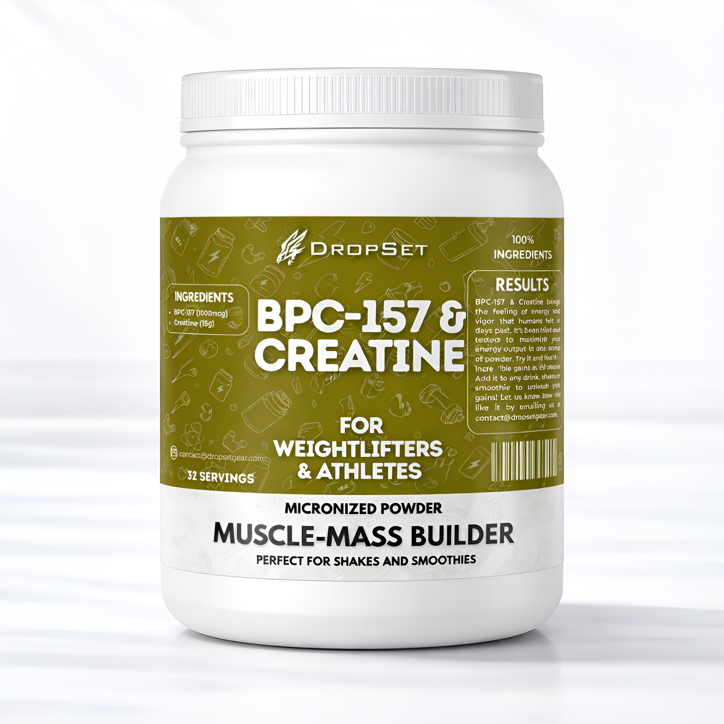 Supplement container labeled 'BPC-157 & Creatine' on a white background