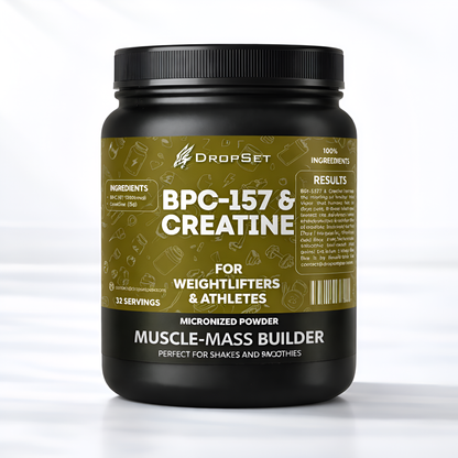 Black supplement container labeled 'BPC-157 & Creatine' with green label on a white background