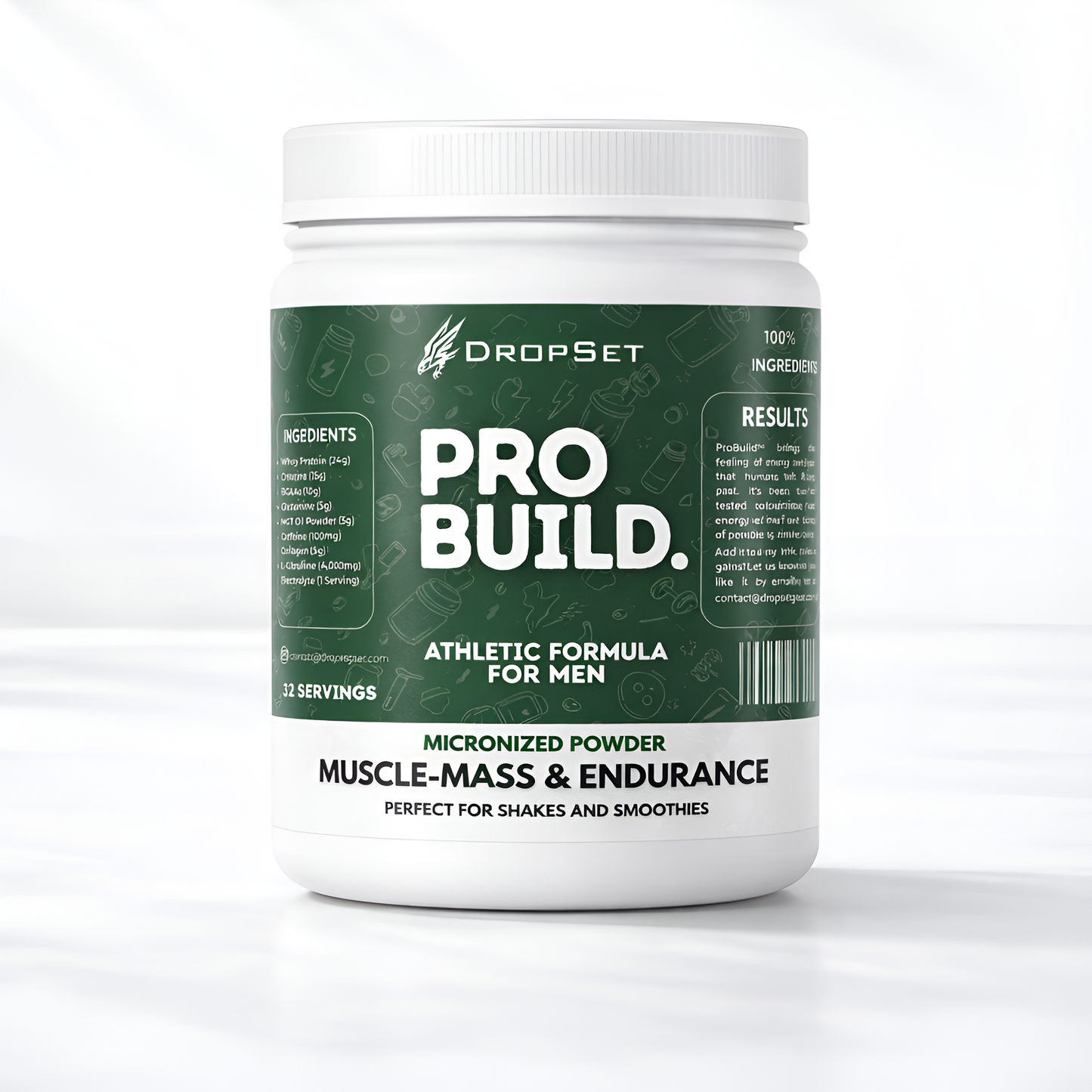 Green and white supplement container labeled 'Pro Build' by DropSet on a white background