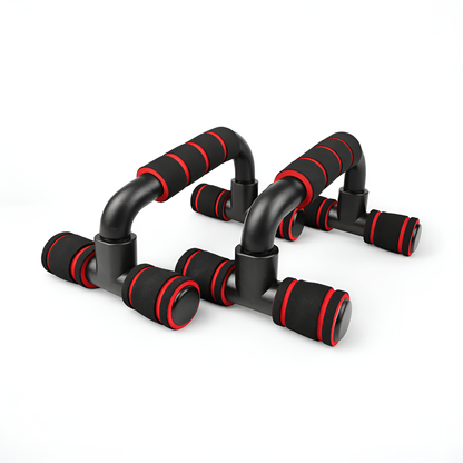 Black and red exercise push-up handles on a white background