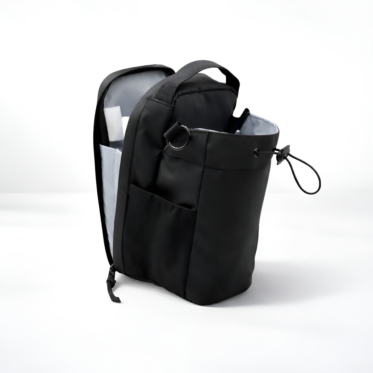 Black backpack with transparent side panels on a white background