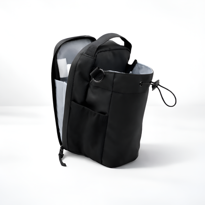 Black backpack with transparent side panels on a white background