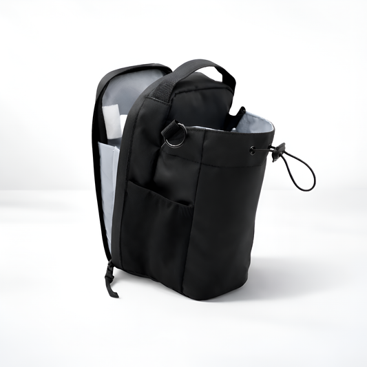 Black backpack with transparent side panels on a white background