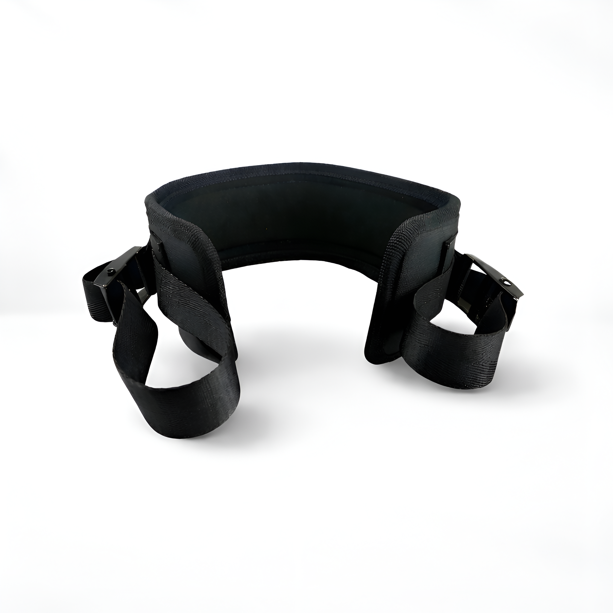 Black headband with adjustable straps on a white background
