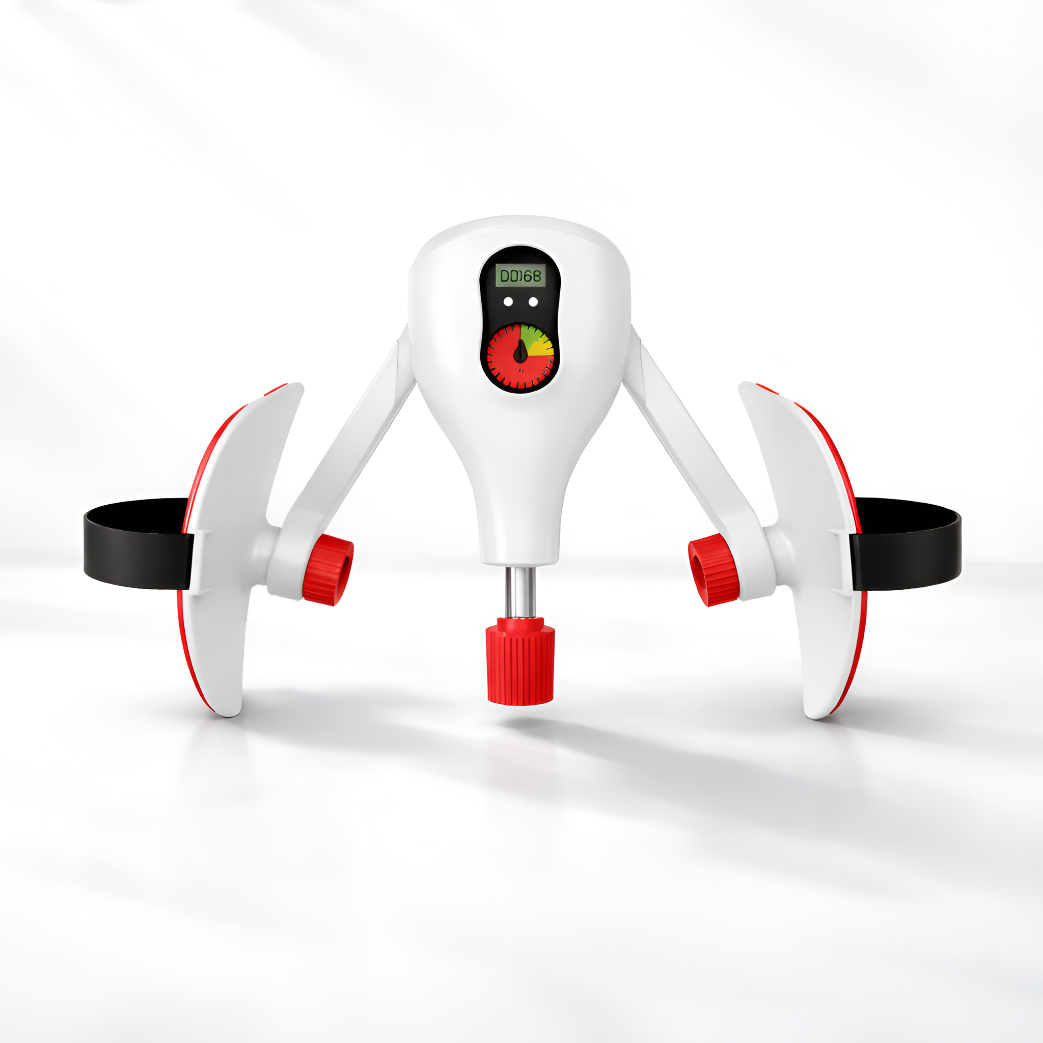 White and red exercise device with digital display on a white background