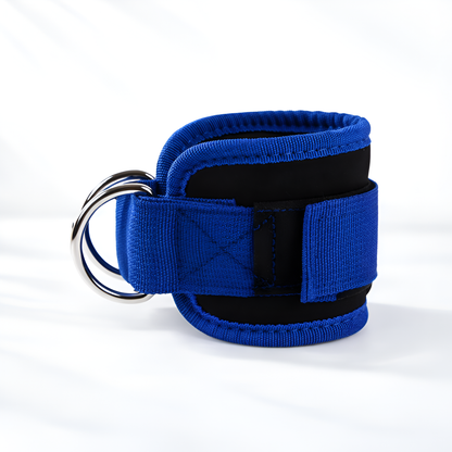 Blue wrist restraint with a metal ring on a white background