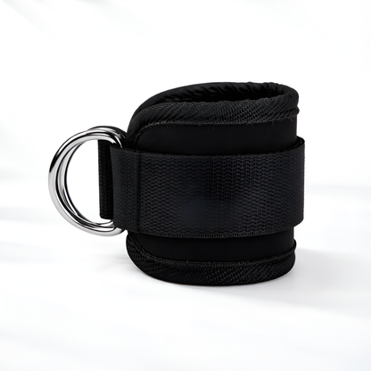 Black belt with silver D-ring on a white background