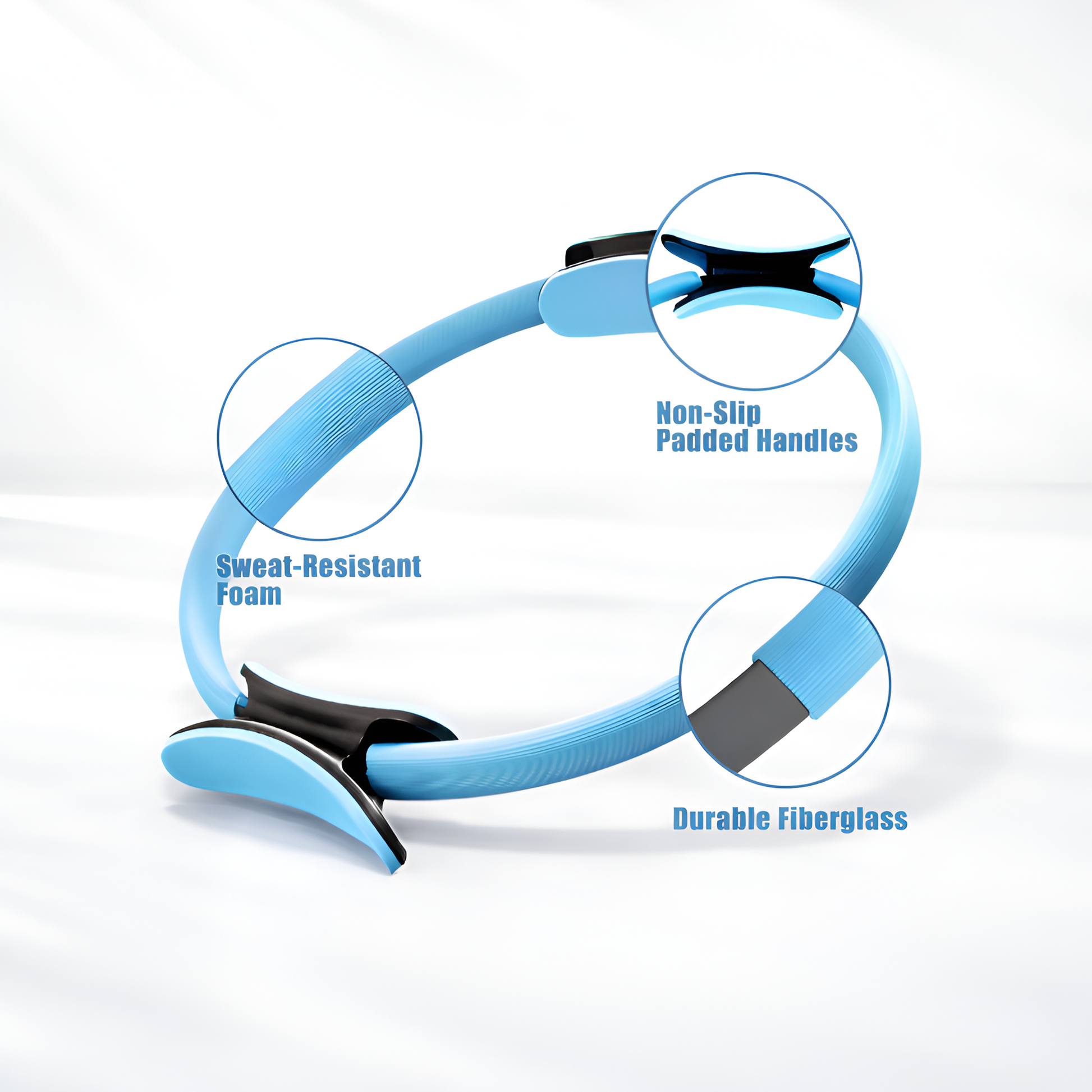 Blue exercise ring with labeled features on a white background