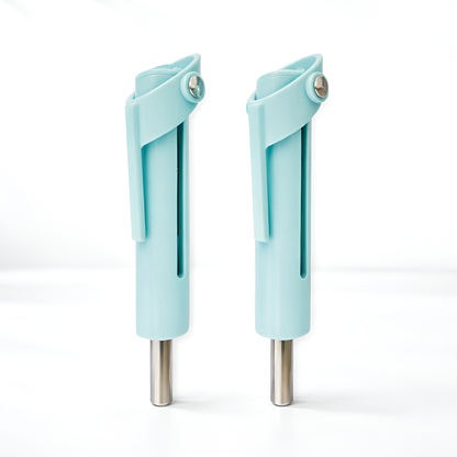 Two light blue plastic stands with metal bases on a white background