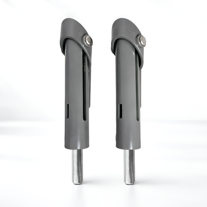 Two gray metal components on a white background