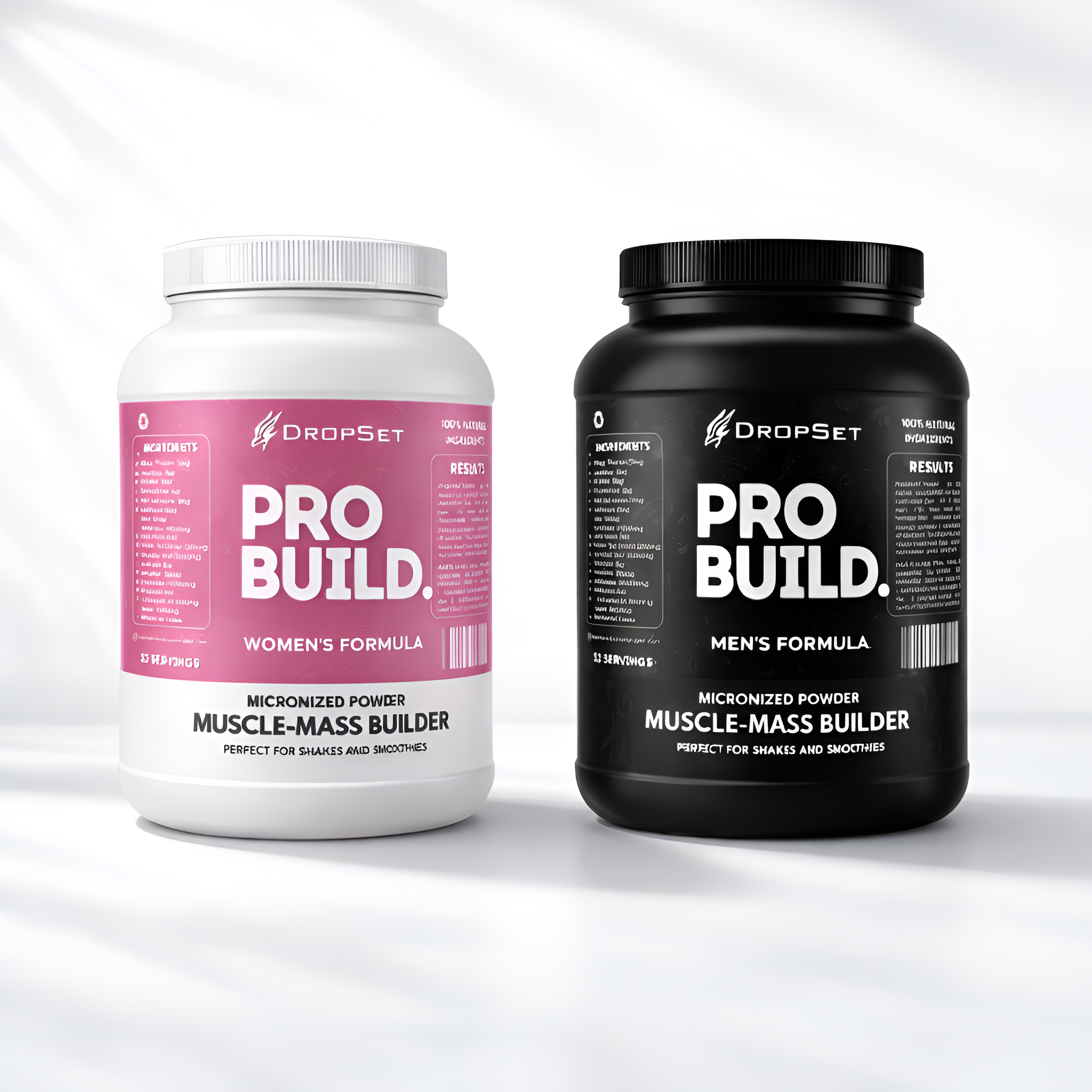 Two protein supplement containers, one pink and one black, labeled 'Pro Build' on a white background.