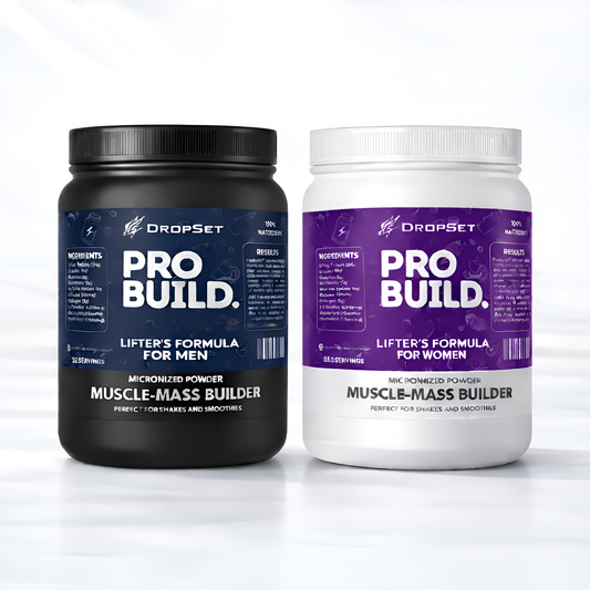 Two containers of DropSet Pro Build muscle mass builder, one for men and one for women, on a white background.