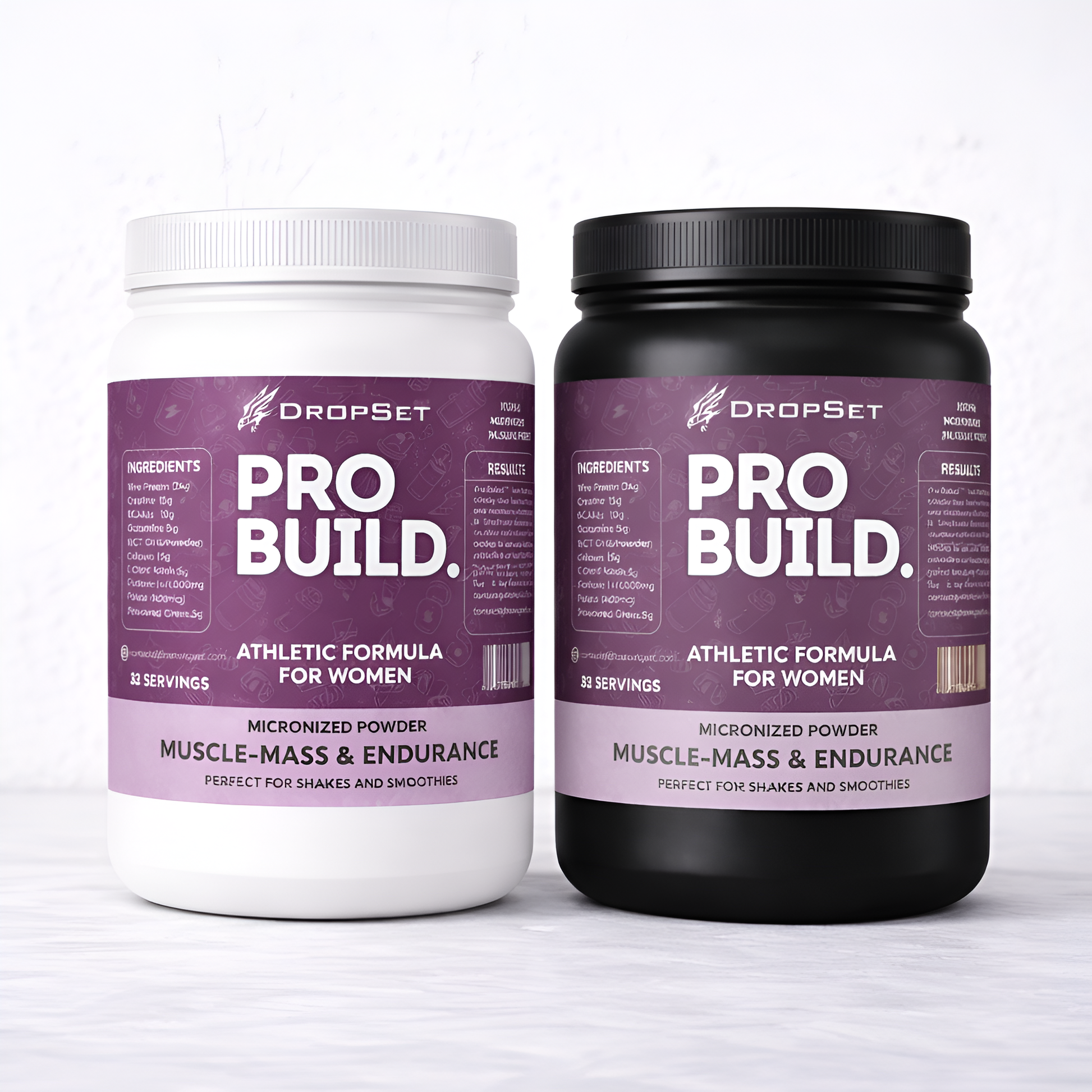 Two containers of DropSet Pro Build athletic formula for women on a white background