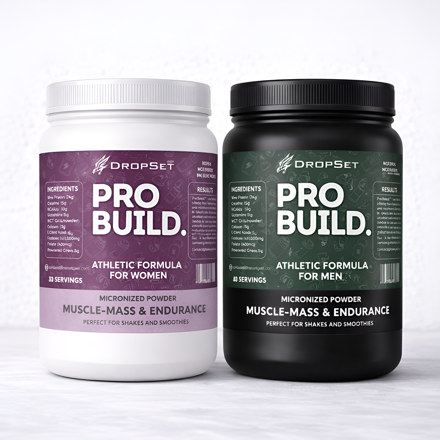 Two containers of DropSet Pro Build supplement, one for women and one for men, on a white background.