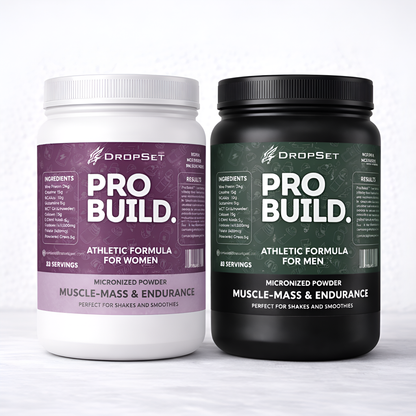 Two containers of DropSet Pro Build supplement, one for women and one for men, on a white background.