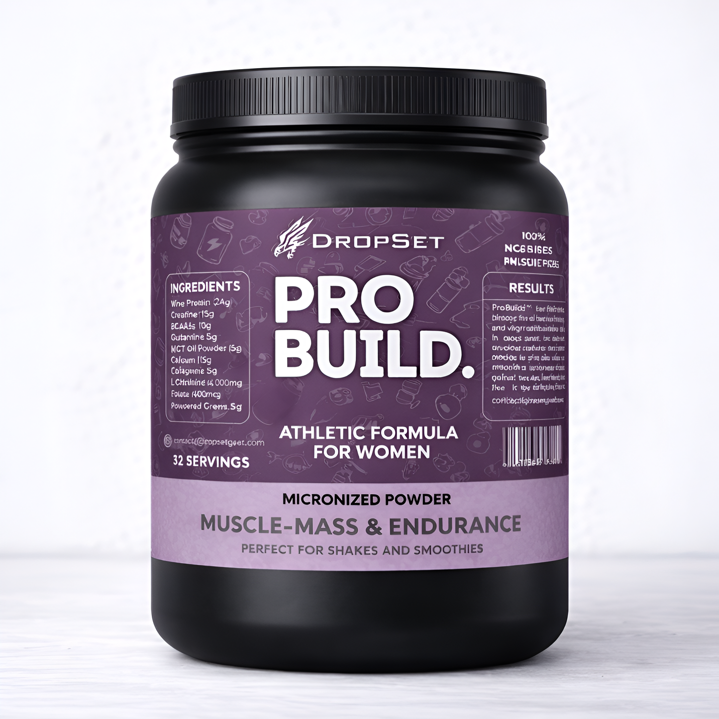 Black container of DropSet Pro Build athletic formula for women on a white background