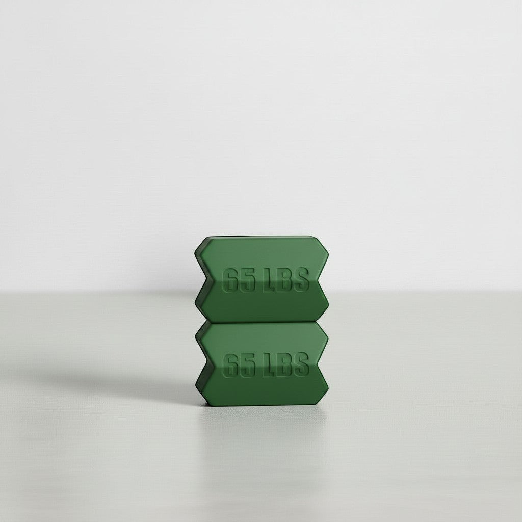 Dropset™ Official JawFlex 65 lbs weight plates stacked, dark green.