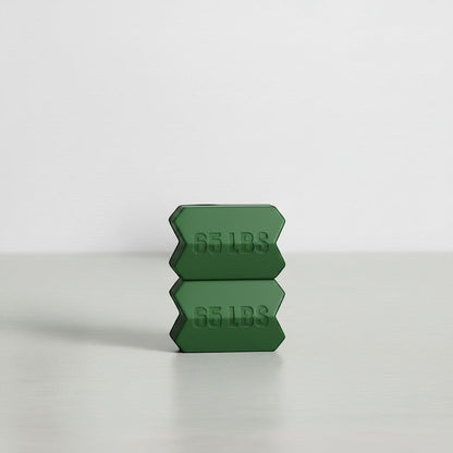 Dropset™ Official JawFlex 65 lbs weight plates stacked, dark green.
