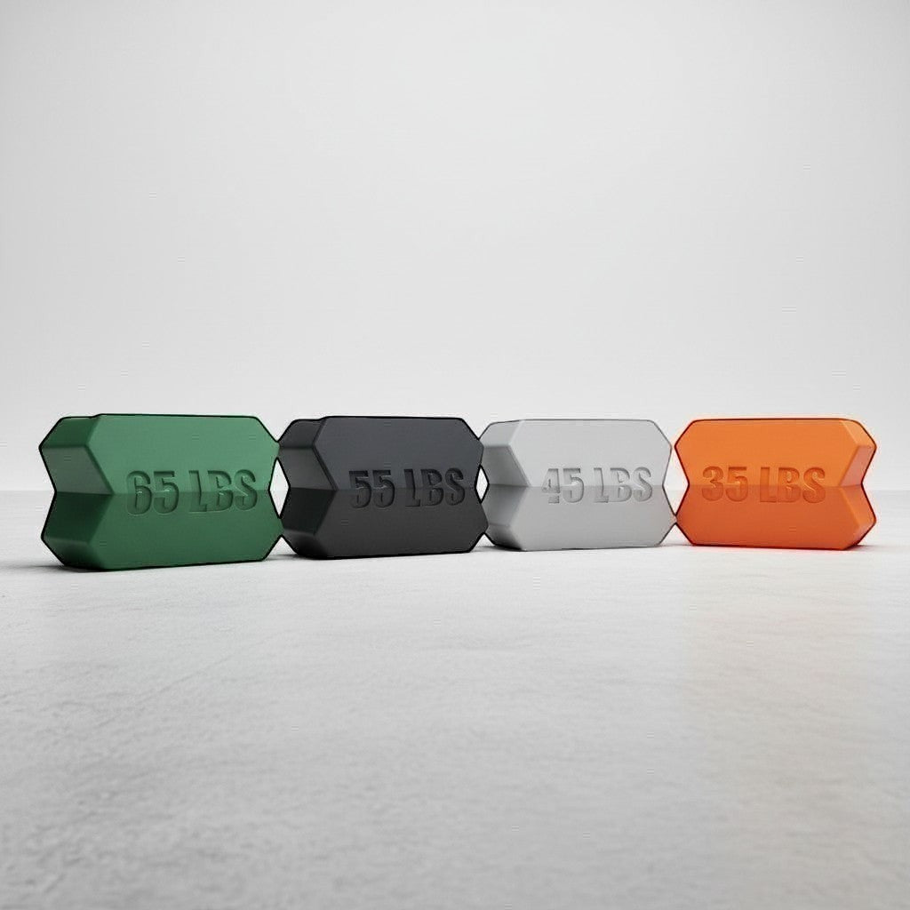 Dropset JawFlex grip trainers in green, black, grey, and orange, labeled 65, 55, 45, and 35 lbs respectively.