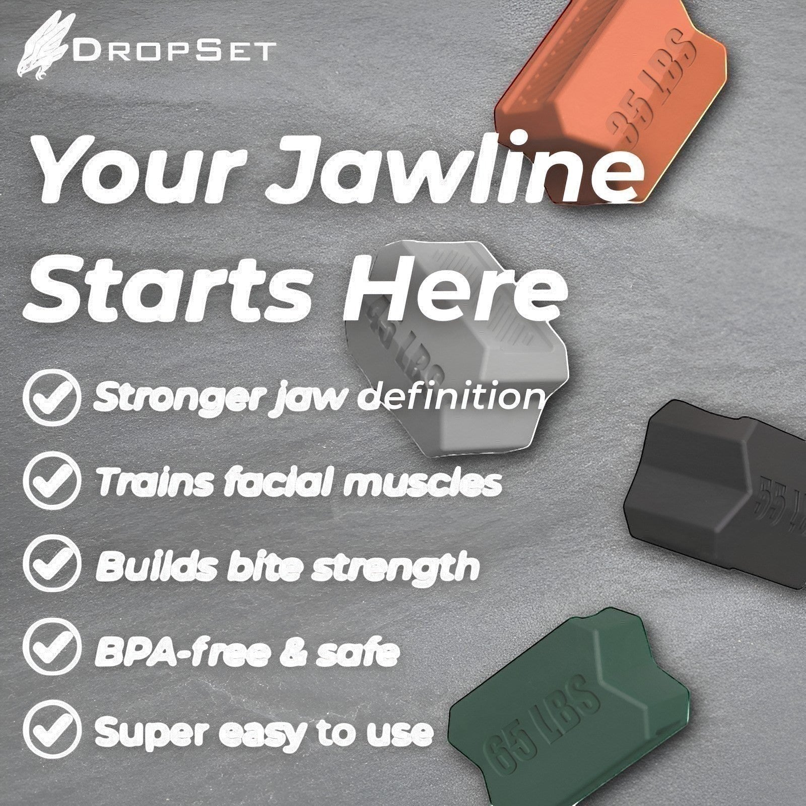 Dropset™ Official JawFlex jaw exerciser in orange, grey, black, and green, promoting jaw definition and facial muscle training.